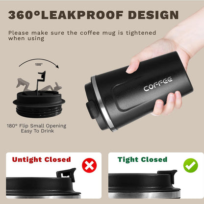 Skiennix Travel Coffee Mugs - Leak-Proof Reusable Stainless Steel Tumblers | 12oz Black Thermal Insulation