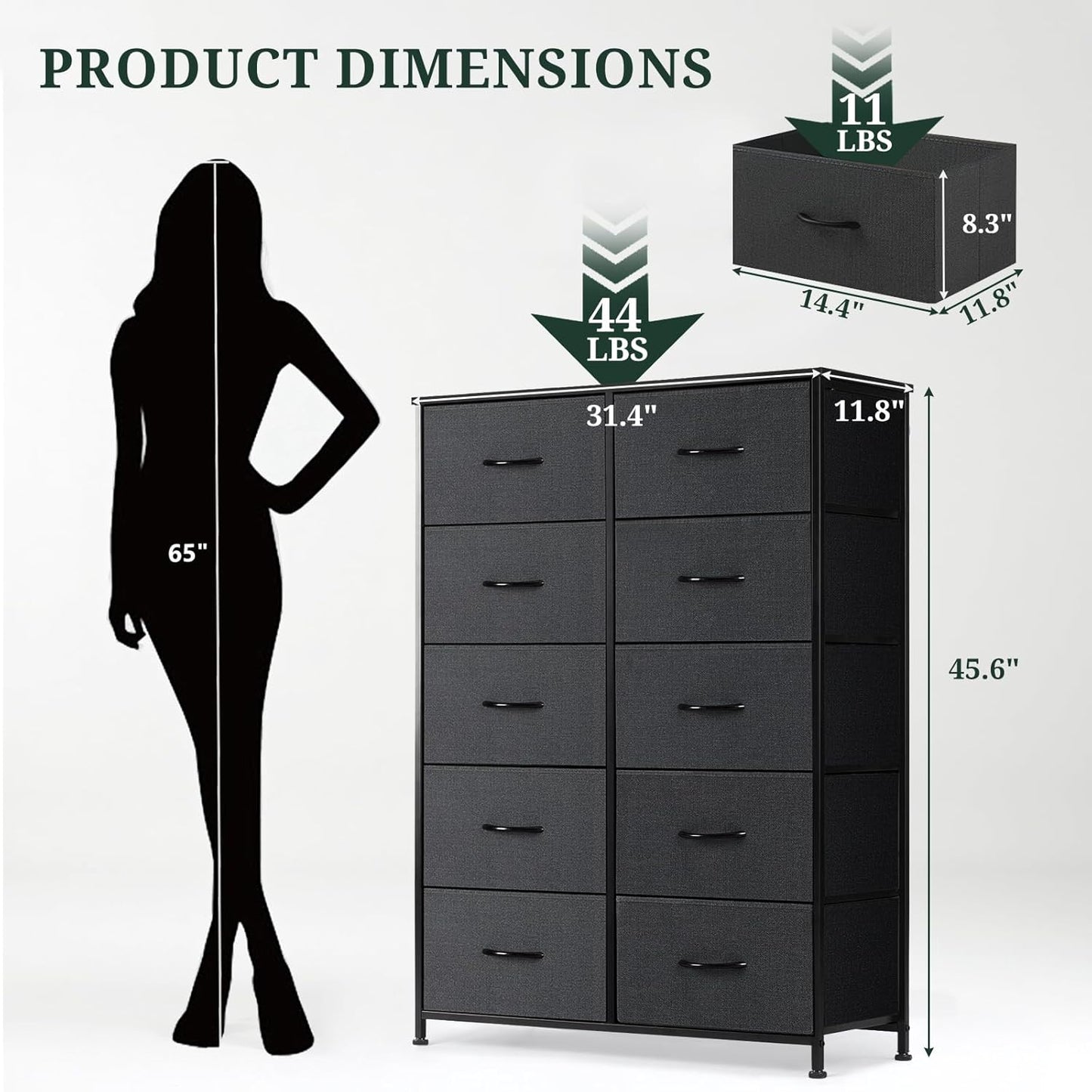 Skiennix 10-Drawer Dresser - Anti-Tip Tall Storage Organizer with Wooden Top & Metal Frame | Black