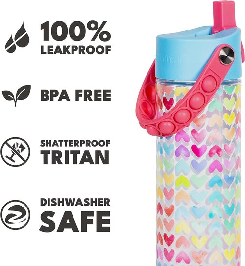 Elemental Splash Water Bottle - BPA-Free Tritan Plastic with Straw & Pop It Strap | 26oz Rainbow Heart - Leak Proof for Travel & Sports