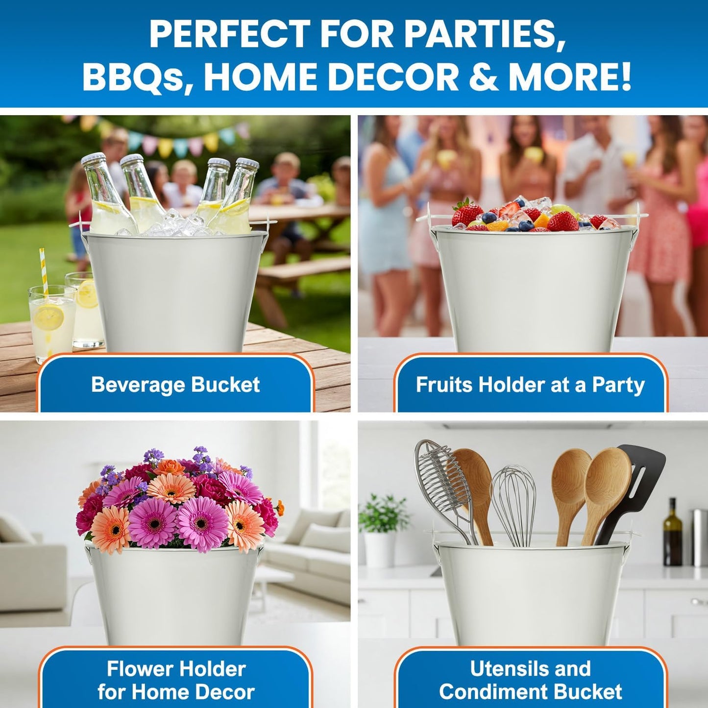 PLEXON Ice Bucket for Parties Coctail Bar Restaurant - Drink Beer Champagne Metal Pail Bucket with Handle, Beverage Chiller, Galvanized Steel, Set of 3