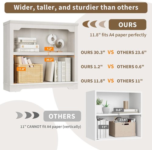 HIFYOBRO 2-Tier Bookshelf - 31.5" Wide Wooden Bookcase for Home Office & Living Room | White Finish