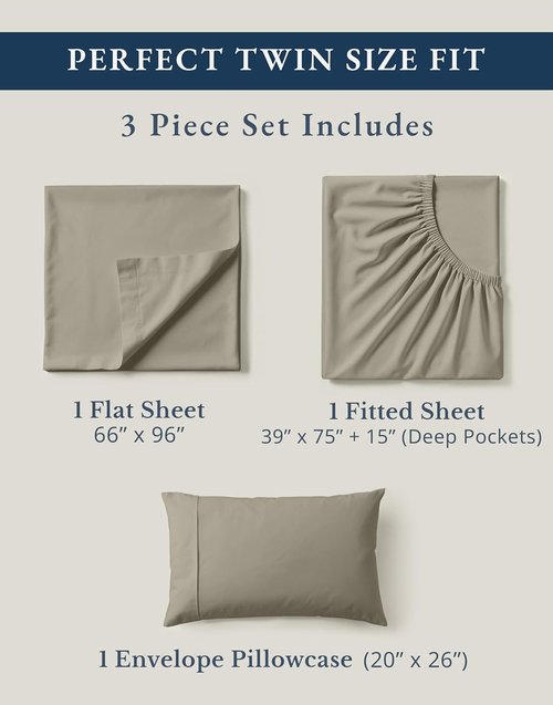 LANE LINEN 100% Organic Cotton Twin Sheet Set - Soft, Comfy & Temperature Regulating - Luxury Silver