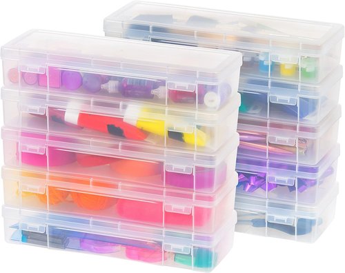IRIS USA Pencil Case Boxes - 10-Pack Clear Plastic Organizing Containers with Snap Lid for Arts & Crafts