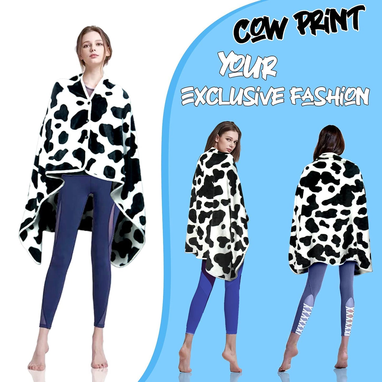 OWL QUEEN 2 in 1 Cow Blanket & Wearable Blanket Shawl，Fleece Cow Print Throw and Poncho Cape with Buttons,Cow Gifts for Baby Kids Adults,Lightweight Blanket with Fun Cow Pattern Perfect for Couch