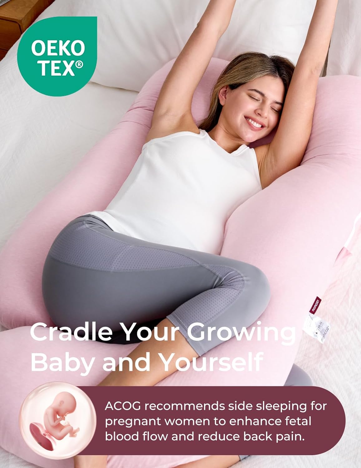 Momcozy U-Shaped Pregnancy Pillow - Full Body Maternity Support for Side Sleeping, 57 Inch, Pink