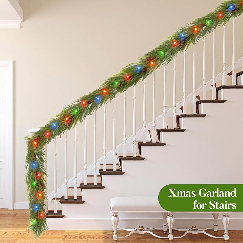 9ft Norfolk Pine Garland with Lights - 40-LED Battery Operated, 8 Modes, Pinecones, Timer - Prelit Christmas Decoration