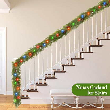 9ft Norfolk Pine Garland with Lights - 40-LED Battery Operated, 8 Modes, Pinecones, Timer - Prelit Christmas Decoration