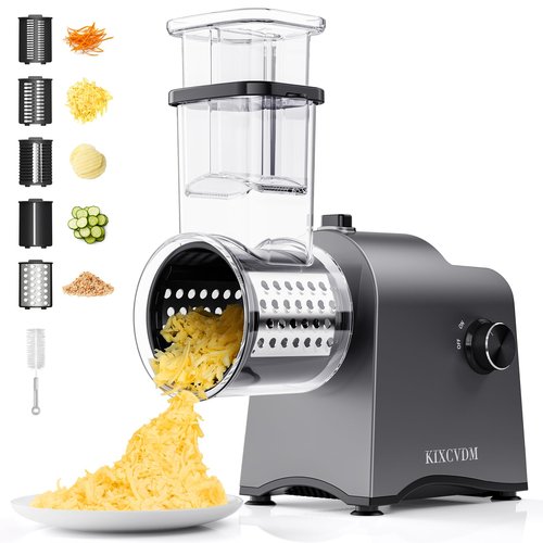 5-In-1 Electric Cheese Grater, Salad Shooter with 5 Different Shapes of Blades, 250W Automatic Cheese Shredder, Rotary Switch Kitchen Electric Slicer for Cheese, Fruits, Vegetables