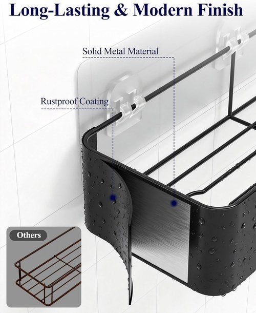 Kitsure Shower Caddy Adhesive - No-Drill Bathroom Organizer with Soap Holder & Hooks | Large Black 6-Pack