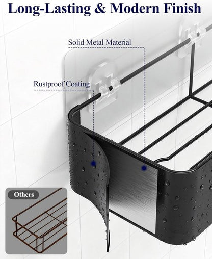 Kitsure Shower Caddy Adhesive - No-Drill Bathroom Organizer with Soap Holder & Hooks | Large Black 6-Pack
