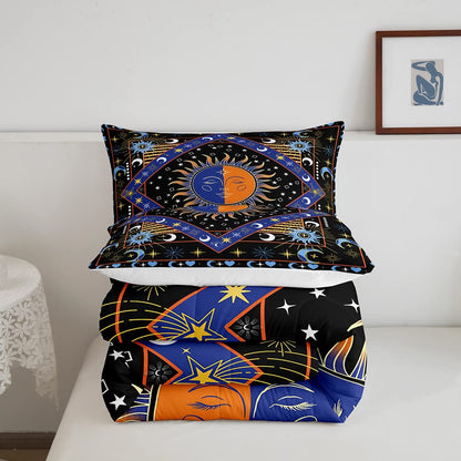 Erosebridal Boho Sun Moon Comforter Bohemian Hippie Bedding Glitter Stars Galaxy Bedding Sets & Collections Trippy Cosmos Celestial Down Comforter Queen Size,Geometric Striped Decor Bed Set Black Blue