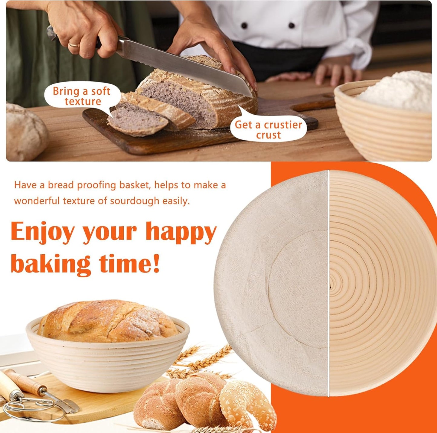 P&P CHEF Sourdough Proofing Baskets - Set of 2 Handmade Rattan Baskets with Cloth Liner | 9 Inch Size