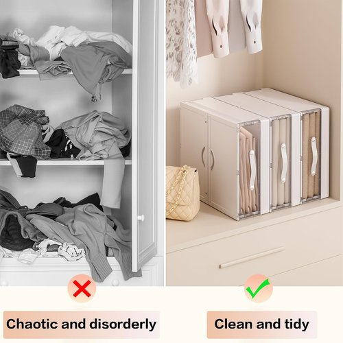 GUDEMAY Bed Sheet Organizers and Storage, Foldable Closet Organizer with Handle, Plastic Bedding Storage Box Container for Blanket, Duvet Cover Set, Bed Sheet Set (white-4pack)