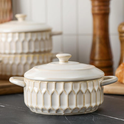 Mini Cocotte Set | 14 OZ Ceramic Casserole Dishes with Lids - Set of 4, Beige, Oven & Microwave Safe