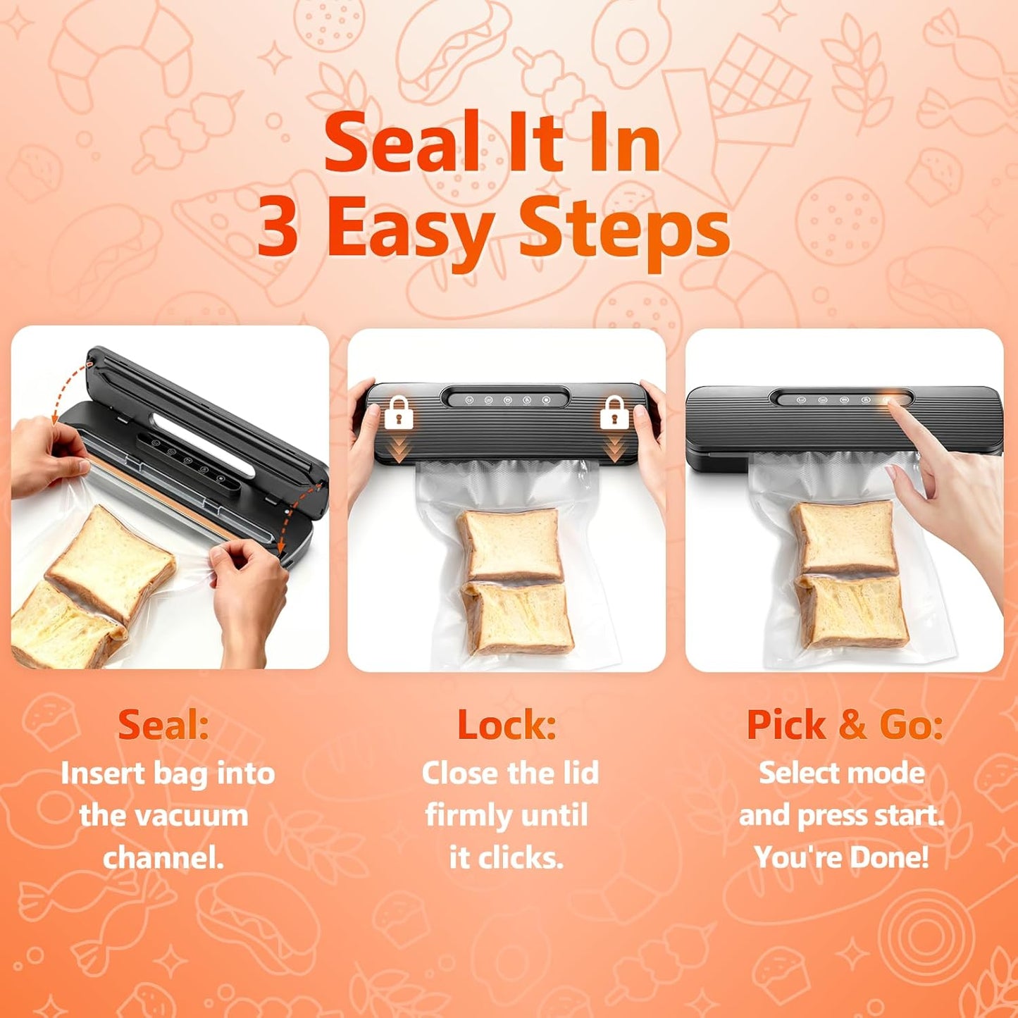 Vacuum Sealer Machine - High Suction Food Preservation with Double Seal Technology | Compact Meat Sealer with Cutter & Bag Storage | Dry & Moist Modes (Black)