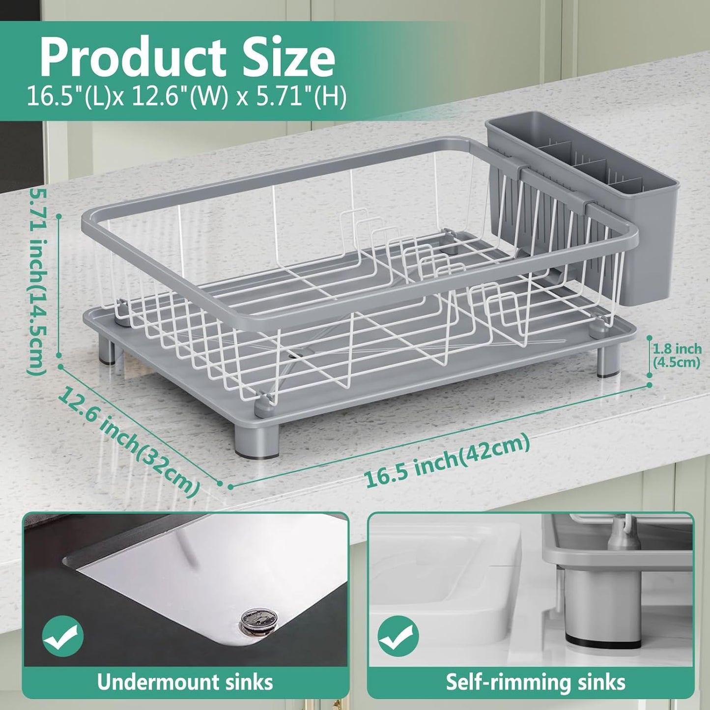 Skiennix Dish Drying Rack - Space-Saving Kitchen Rack with Drainboard & Removable Utensil Holder | Gray