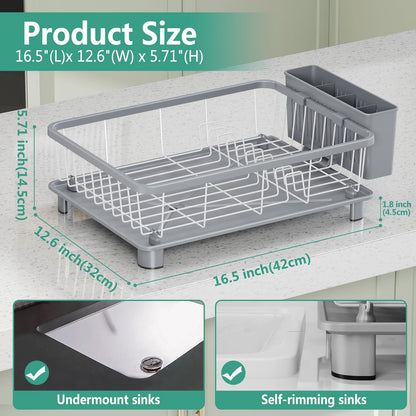 Skiennix Dish Drying Rack - Space-Saving Kitchen Rack with Drainboard & Removable Utensil Holder | Gray
