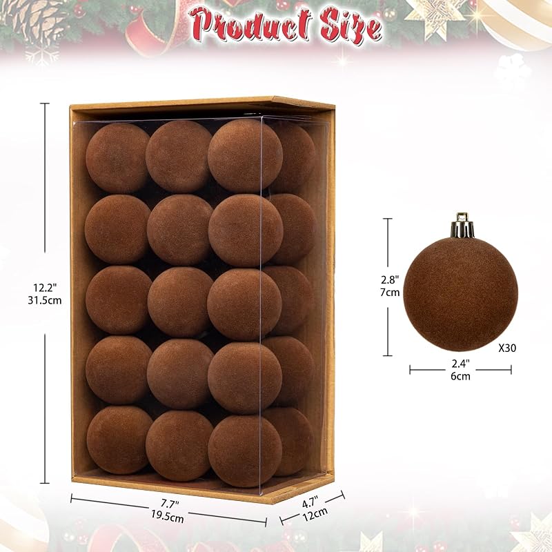 Brown Velvet Christmas Ball Ornaments Set 30pcs 2.36" Shatterproof Baubles