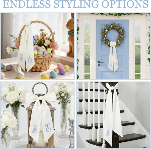 Elegant Easter Wreath Sash - 59" Long Embroidered Bunny/Cross/Egg Design for Boxwood & Magnolia Wreaths | Wrinkle-Resistant Spring Ribbon Decor