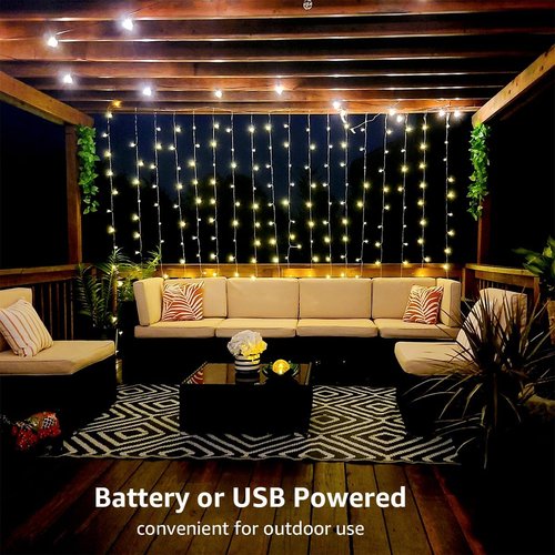 LE Fairy Curtain Lights - 300 LED Battery Operated & USB Plug-In String Lights | 10 x 10 ft for Bedroom, Wedding, Patio