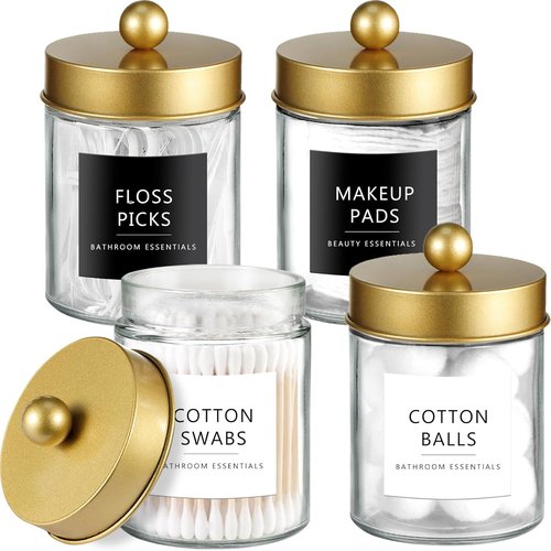 Amolliar Q-Tips Dispenser Holder - Elegant Glass Apothecary Jars with Gold Lid | 4-Pack Bathroom Organizer