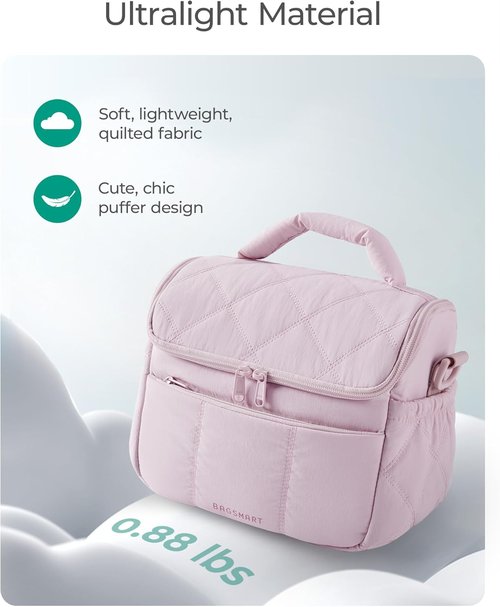 BAGSMART Insulated Lunch Bag - Cute Quilted Design, Lightweight & Waterproof Tote for Work | Pink