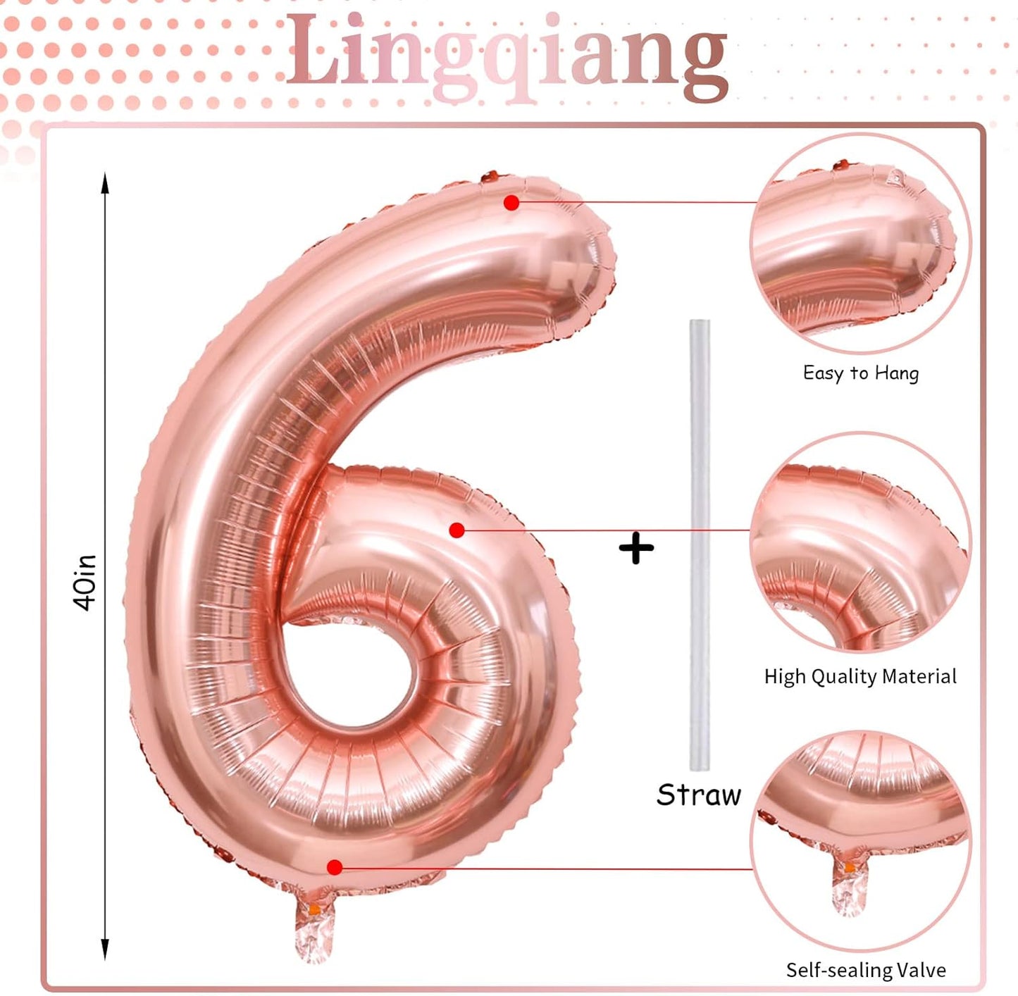 Rose Gold Foil Balloon Number 6 - 40'' Giant Self-Inflating Helium Balloon for Birthday & Graduation Celebrations