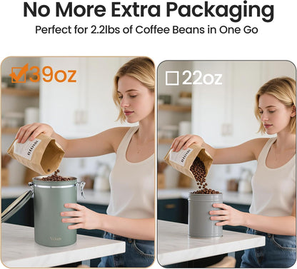 Veken Coffee Canister - 39oz Airtight Stainless Steel Storage for 2.2lbs Coffee, Sugar, Tea | Green with Date Tracker & Scoop