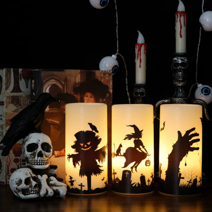 GenSwin Halloween Flameless Flickering Candles with Witch, Scarecrow, Blood Hand Decals with Remote Timer, Battery Operated Real Wax Halloween LED Candles Horror Spooky Decoration(3” x 6”, Set of 3)