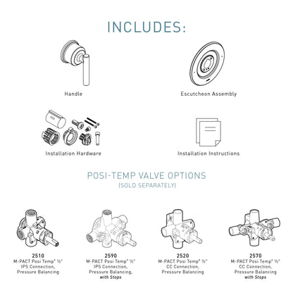 Moen Gibson Chrome Posi-Temp Pressure-Balancing Modern Valve Handle Only Trim, Valve Required, T2901