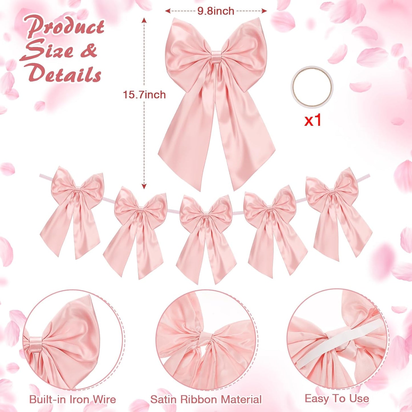 Suncalla 6 FT Pink Valentine's Day Bow Garland - Pre-Strung 10 Inch Bows for Weddings & Parties