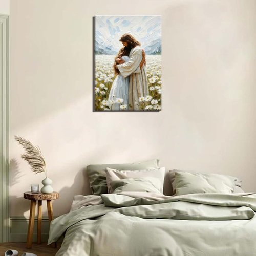Jesus Hugging Girl Canvas Wall Art - Modern Christian Healing Embrace | 12x16in Decor for Home