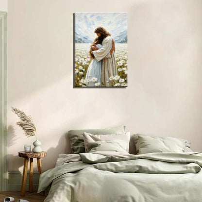 Jesus Hugging Girl Canvas Wall Art - Modern Christian Healing Embrace | 12x16in Decor for Home