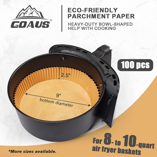 GOAUS Air Fryer Disposable Round Paper Liners - 125 Pcs Extra Large, 9 Inch Unbleached Non-Stick Parchment