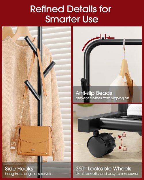 Sakugi Clothes Rack - Metal Coat Rack with Bottom Shelf, Portable Wardrobe Rack with 6 Side Rods, Rolling Clothing Rack for Hanging Clothes for Bedroom or Laundry Room (Black, 28.7 x 17 x 59.4)