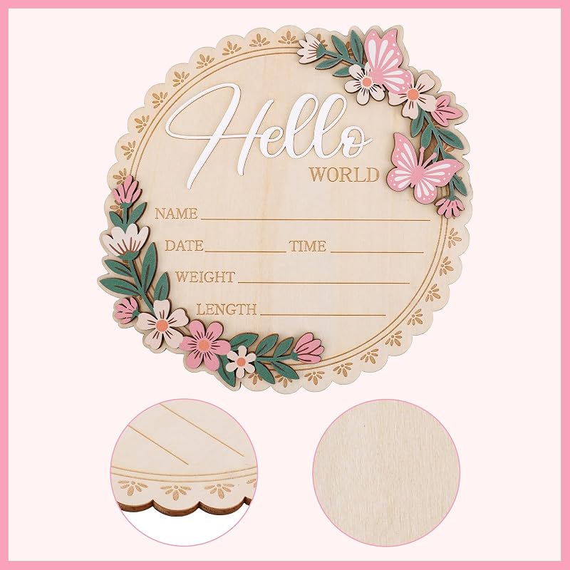 Wooden Newborn Announcement Sign with Pen - Hello World Nursery Keepsake 15x15cm