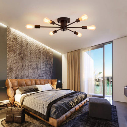 UOFUS 6 Lights Sputnik Semi Flush Mount Ceiling Light Matte Black Modern Edison Chandelier Industrial Close to Ceiling Light for Farmhouse Dining Room Kitchen Bedroom Living Room Study