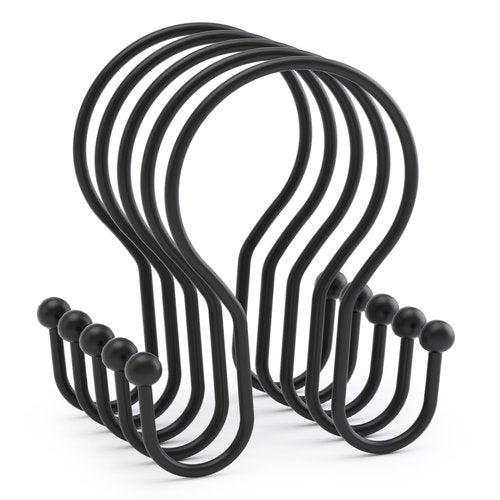 AmazerBath Shower Curtain Hooks Black Shower Curtain Rings, Simple Double Hook Shower Curtain Hooks Rust Proof, Smooth Sturdy Metal Shower Hooks for Shower Curtain Rod, 12 Pcs Shower Rod Hooks