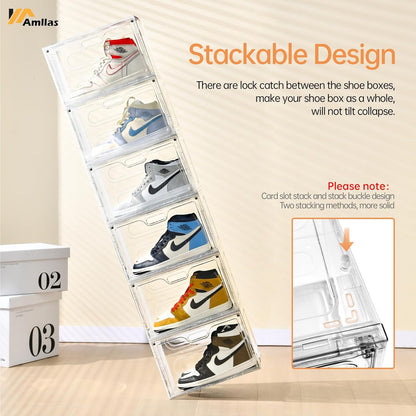 Amllas Clear Plastic Shoe Boxes - Stackable Large Storage Organizers with Lids | Fits Up to US Size 13 (13” x 10.6” x 8.3”)