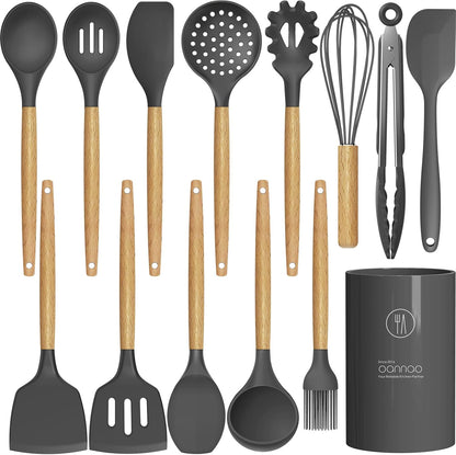 Oannao Silicone Cooking Utensils Set - 446°F Heat Resistant, BPA Free Kitchen Gadgets | Gray Color