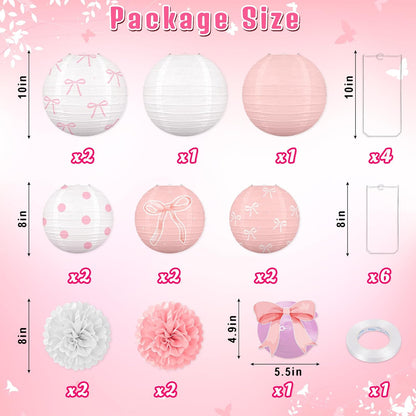 Skiennix 15-Piece Pink Bow Birthday Party Decorations - Paper Lanterns for Girls' Baby Showers