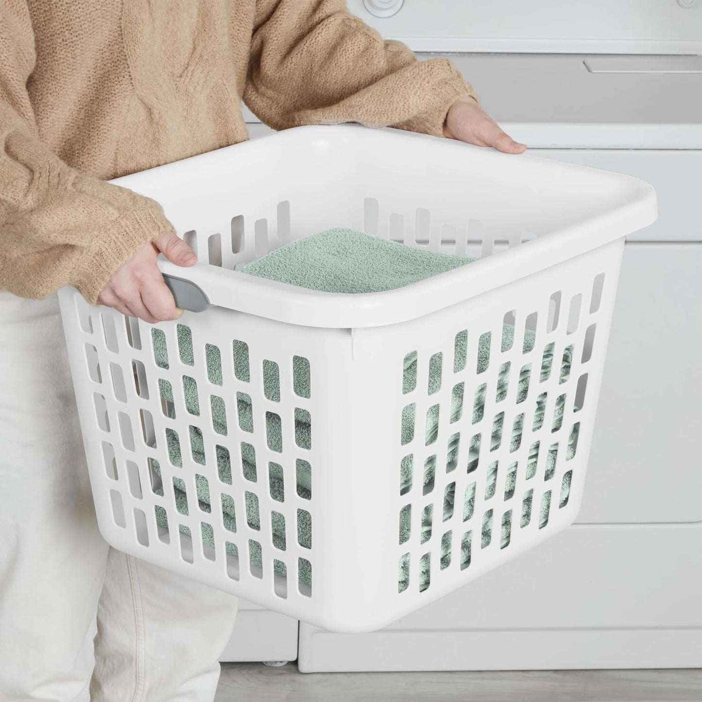 Regine Square Plastic Laundry Basket - BPA-Free, Sturdy & Stackable, 1.5 Bushel, White with 2 Comfort Grip Handles