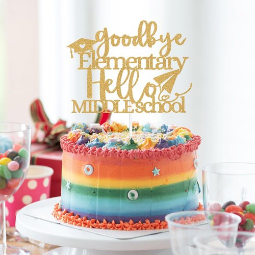Goodbye Elementary Cake Topper by [Brand Name] - Celebrate 5th Grade Graduation | Gold Glitter Design
