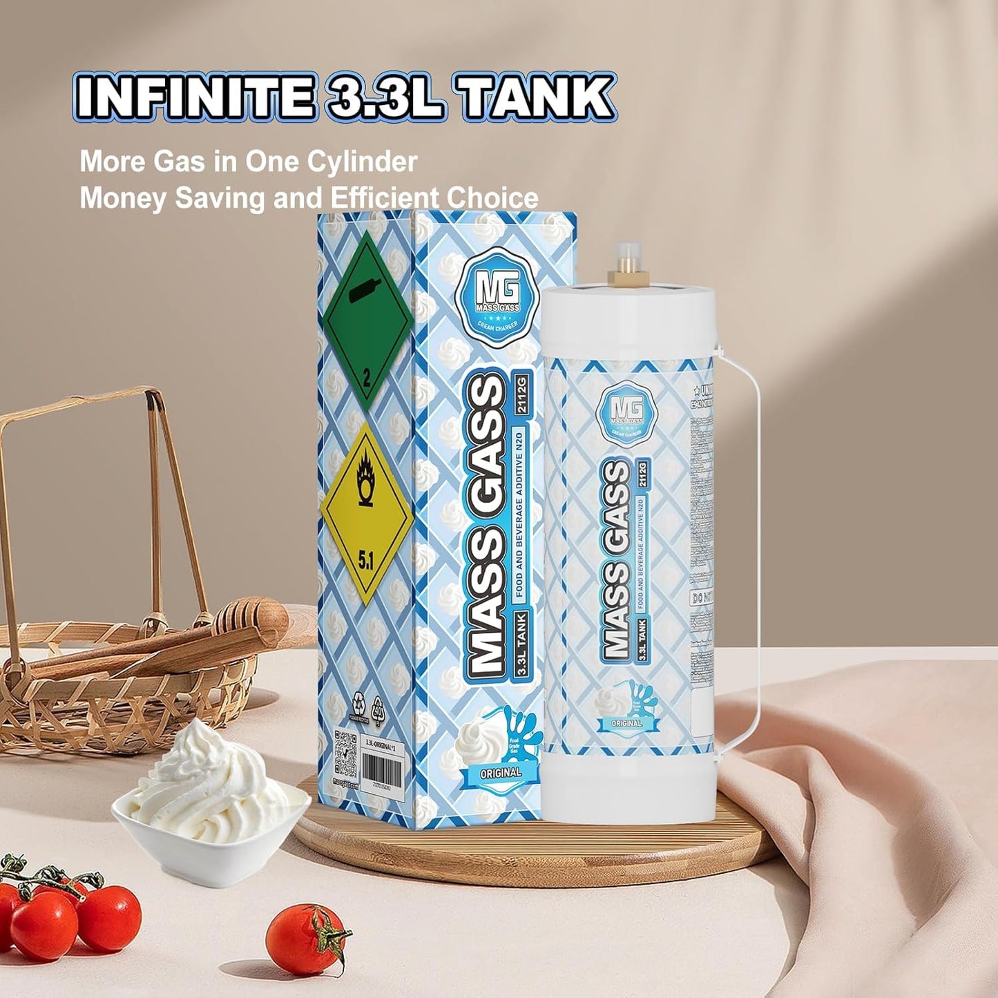 MassGass Whipped Cream Charger 2112g 3.3L Cream Chargr Unflavored Food Grade 99.9% Purity, 1-Pack