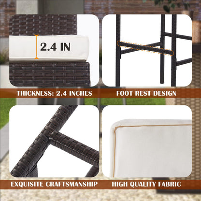 PayLessHere Rattan Bar Stools - Set of 2 Outdoor Wicker Chairs with Backrest & Cushion, Brown