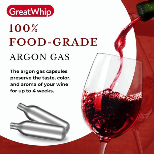 GreatWhip Argon Gas Capsules Compatible with Wine Preservation Systems (10 Packs) - Silver, Plastic, Cyclindrical Bottle Stopper for Wine Preservation