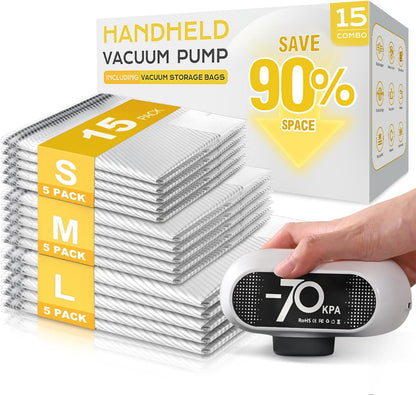 Vacuum Storage Bags by [Brand Name] - 15 Pack with Electric Pump | Tear-Resistant & Space-Saving for Travel