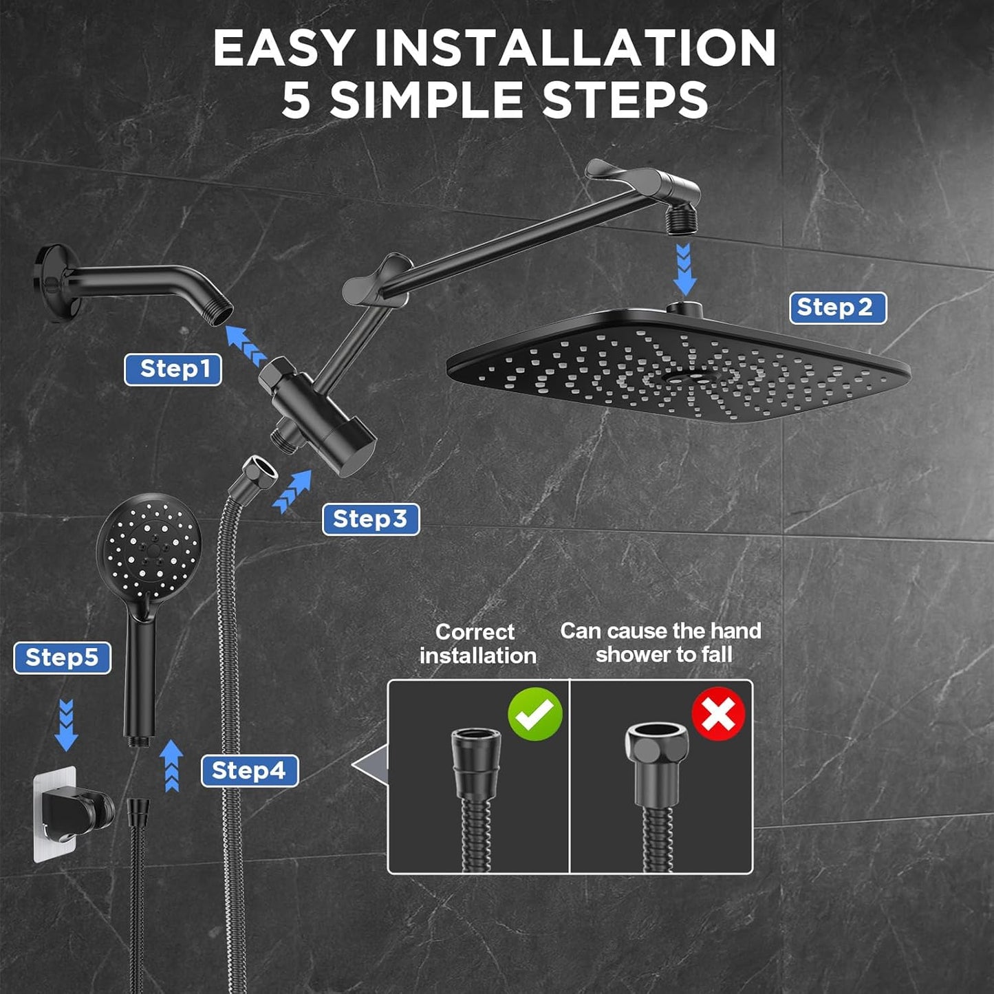 Veken 11.8" Rain Shower Head - High Pressure Handheld Shower with Multi Spray Modes | Matte Black