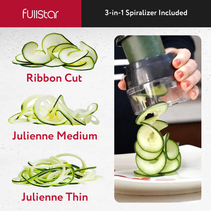 Fullstar All-in-1 Vegetable Chopper, Mandoline Slicer & Cheese Grater - French Fry Cutter & Veggie Dicer - Includes Bonus Handheld Spiralizer - Cook's Tool & Gadget Sets (6 in 1, Clear)