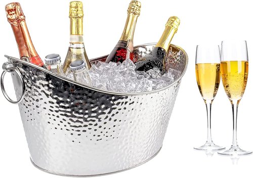 Frcctre 3 Gallon/12L Stainless Steel Beverage Tub, Large Galvanized Ice Bucket with Handles, Hammered Metal Drink Bucket Drink Chiller Champagne Buckets for Parties Weddings